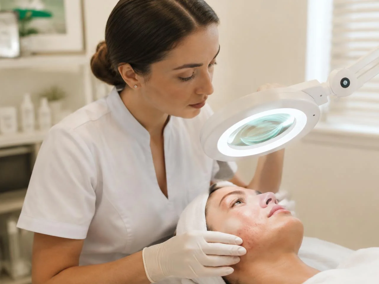 Profesional realizando una valoración facial con lupa